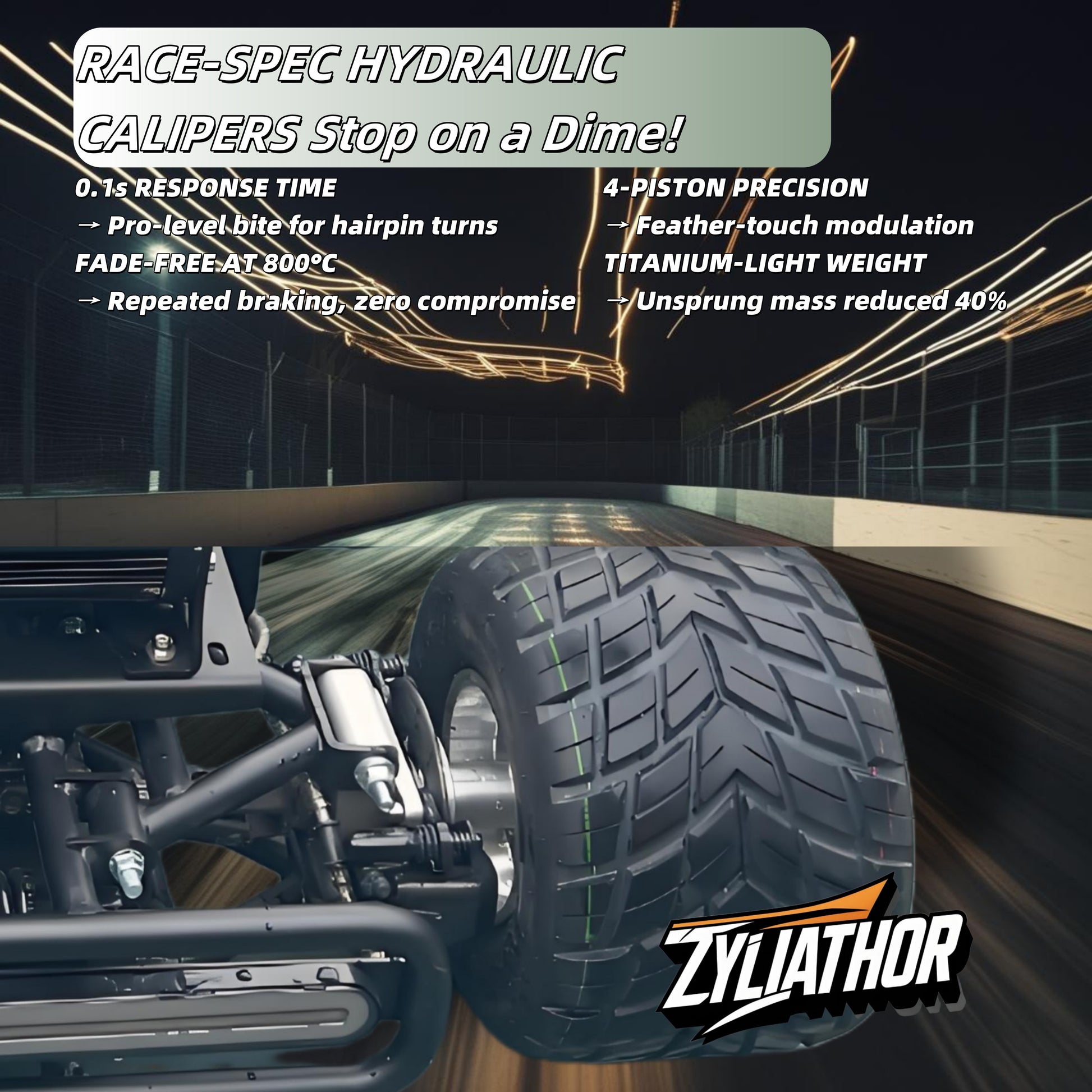 Zyliathor electric go kart, track-spec setup with off-road suspension, hydraulic disc and all-terrain tires