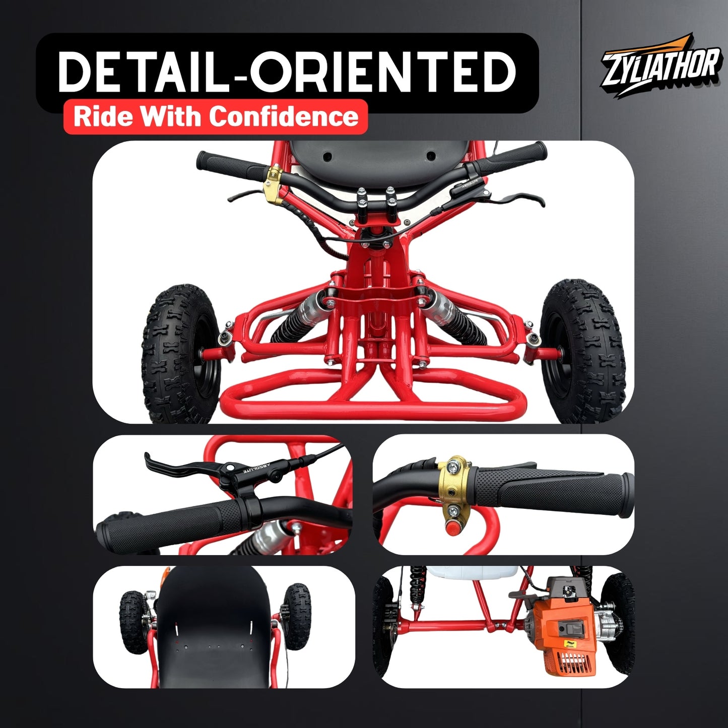 Zyliathor 90cc go kart 2-stroke gas off-road with 6-inch AT tires and hydraulic disc brakes for adults and teens