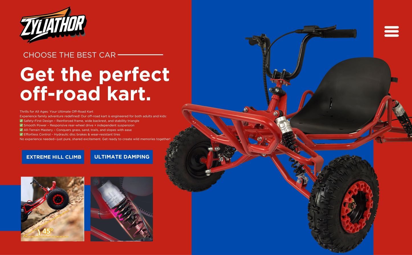 Zyliathor 90cc go kart 2-stroke gas off-road with 6-inch AT tires and hydraulic disc brakes for adults and teens