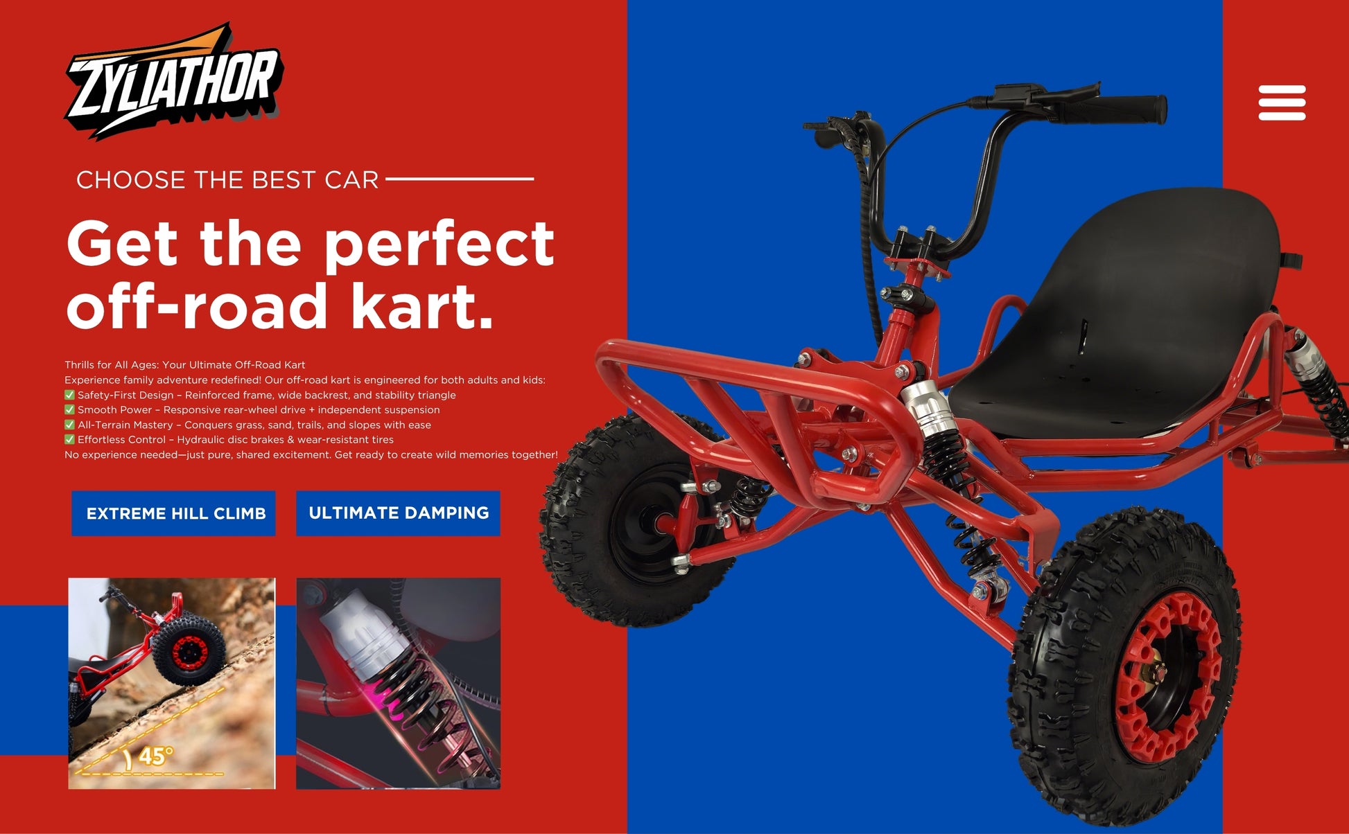 Zyliathor 90cc go kart 2-stroke gas off-road  with 6-inch AT tires and hydraulic disc brakes for adults and teens