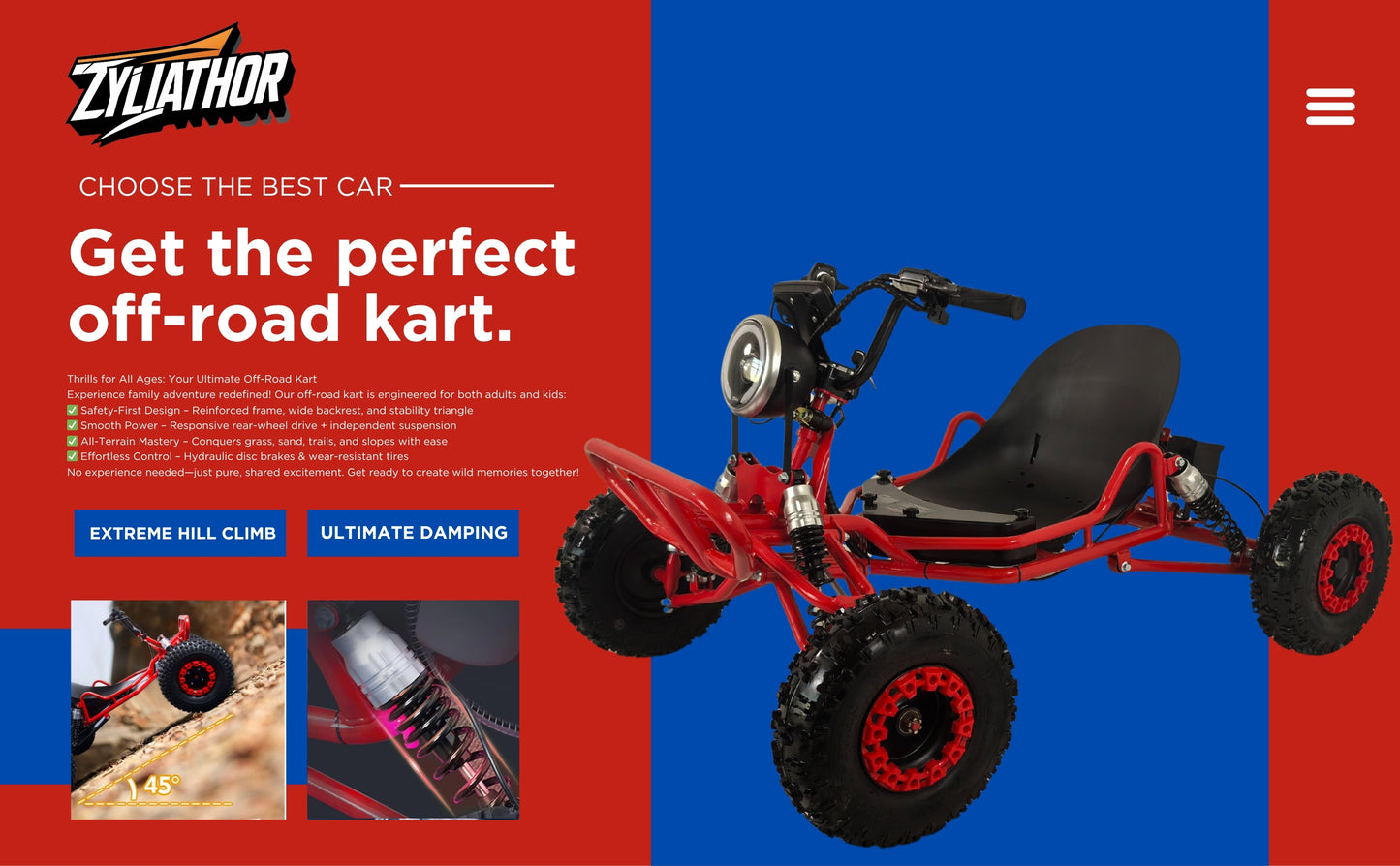 Zyliathor Electric go-Kart, 2WD, 48v2000W Motor, All Terrain Off-Road, 6" Tyres