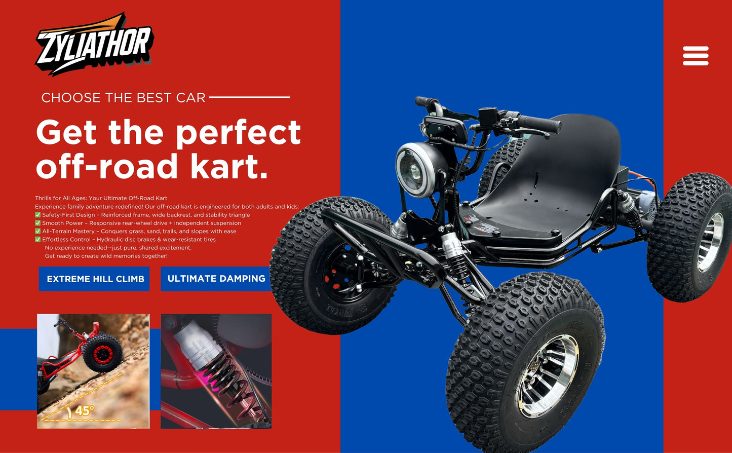 Zyliathor Electric go-kart, shaft drive, 48v 1500W high power motor, all-terrain off-road, 8" aluminium wheels