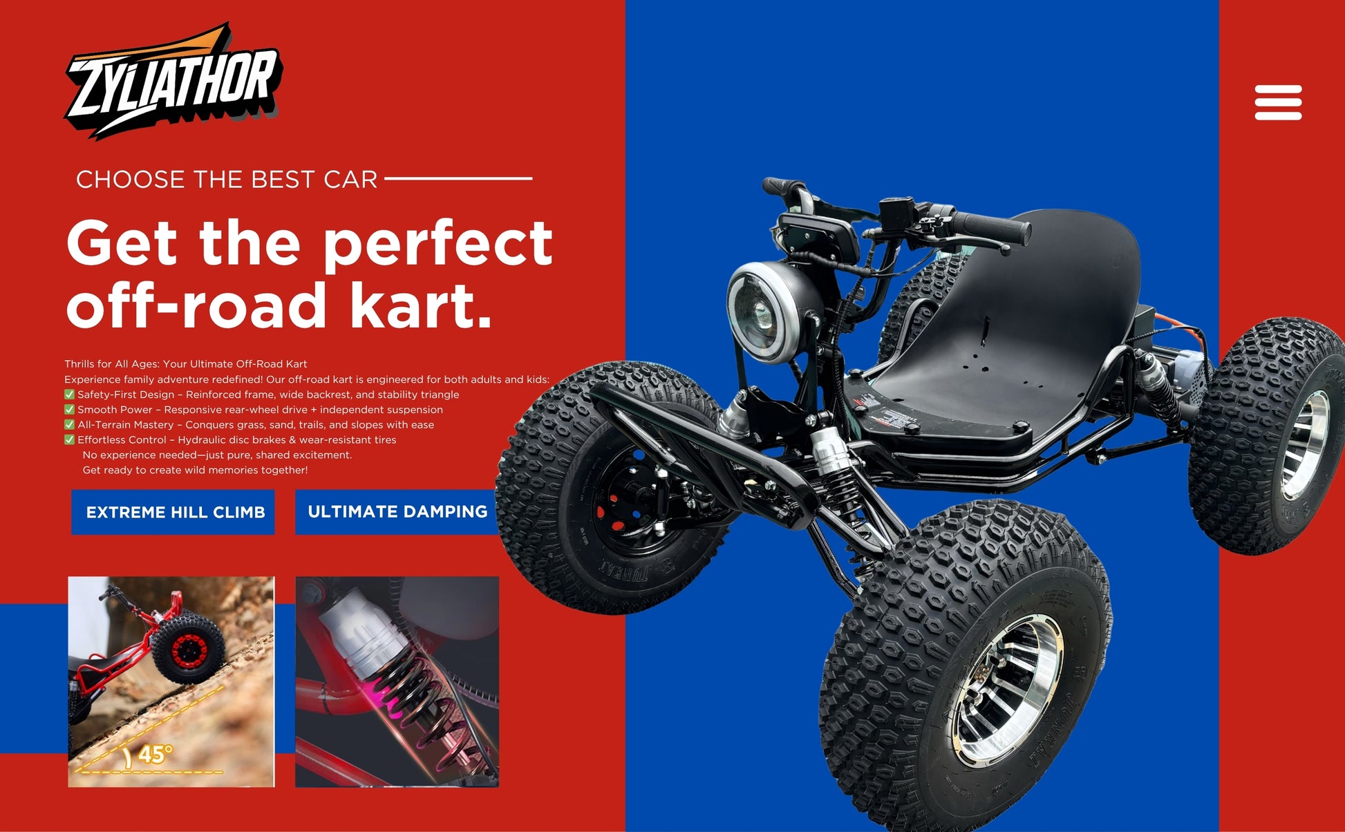 Zyliathor electric go kart 48V 1500W off-road  with 8-inch tires, hydraulic disc brake and adjustable seat for adults and teens
