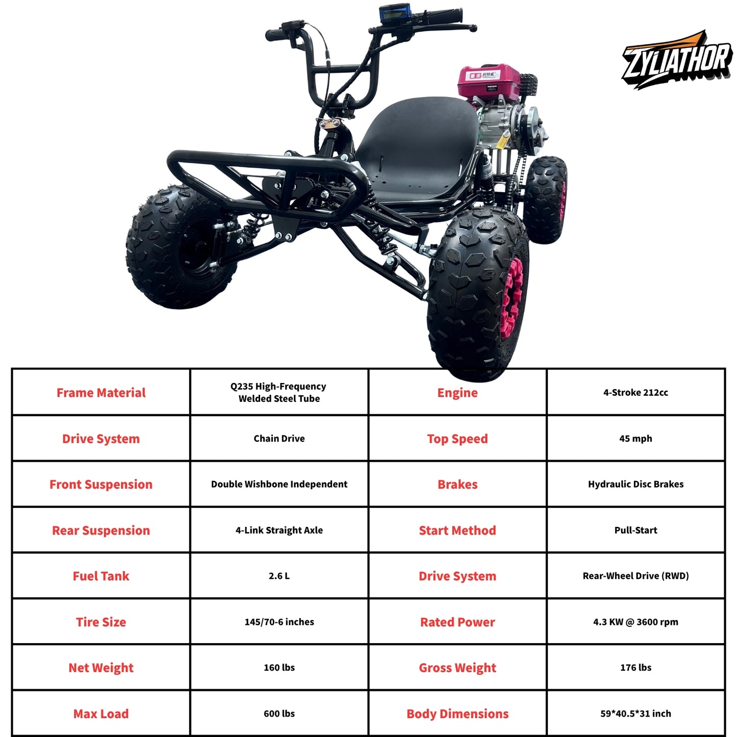 212cc Gas Off-Road Go Kart, 4-Stroke CVT, 6" All-Terrain Tires, Hydraulic Disc Brakes, Chain Drive, Steel Frame, for Adults & Teens