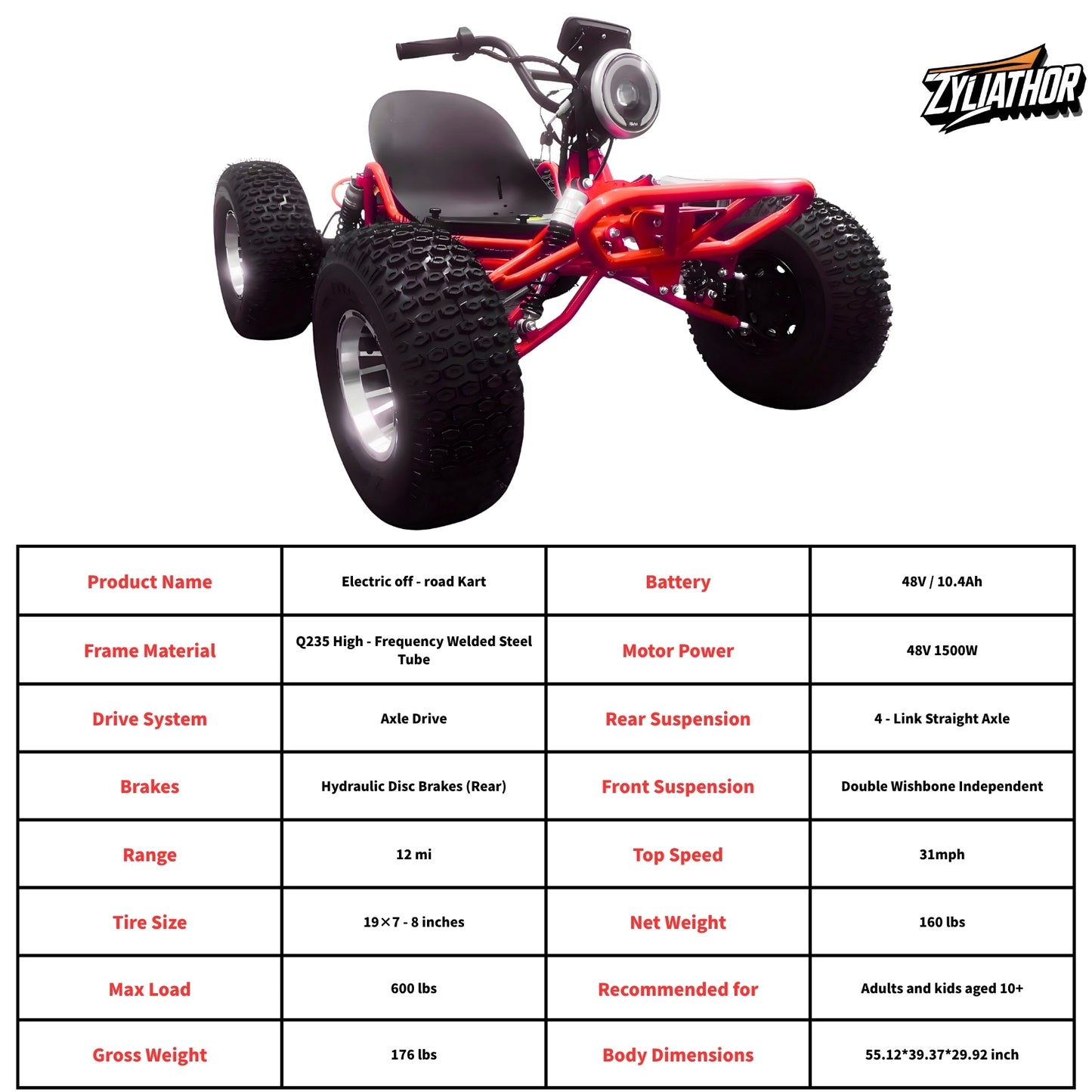 Zyliathor Electric go-kart, shaft drive, 48v 1500W high power motor, all-terrain off-road, 8" aluminium wheels