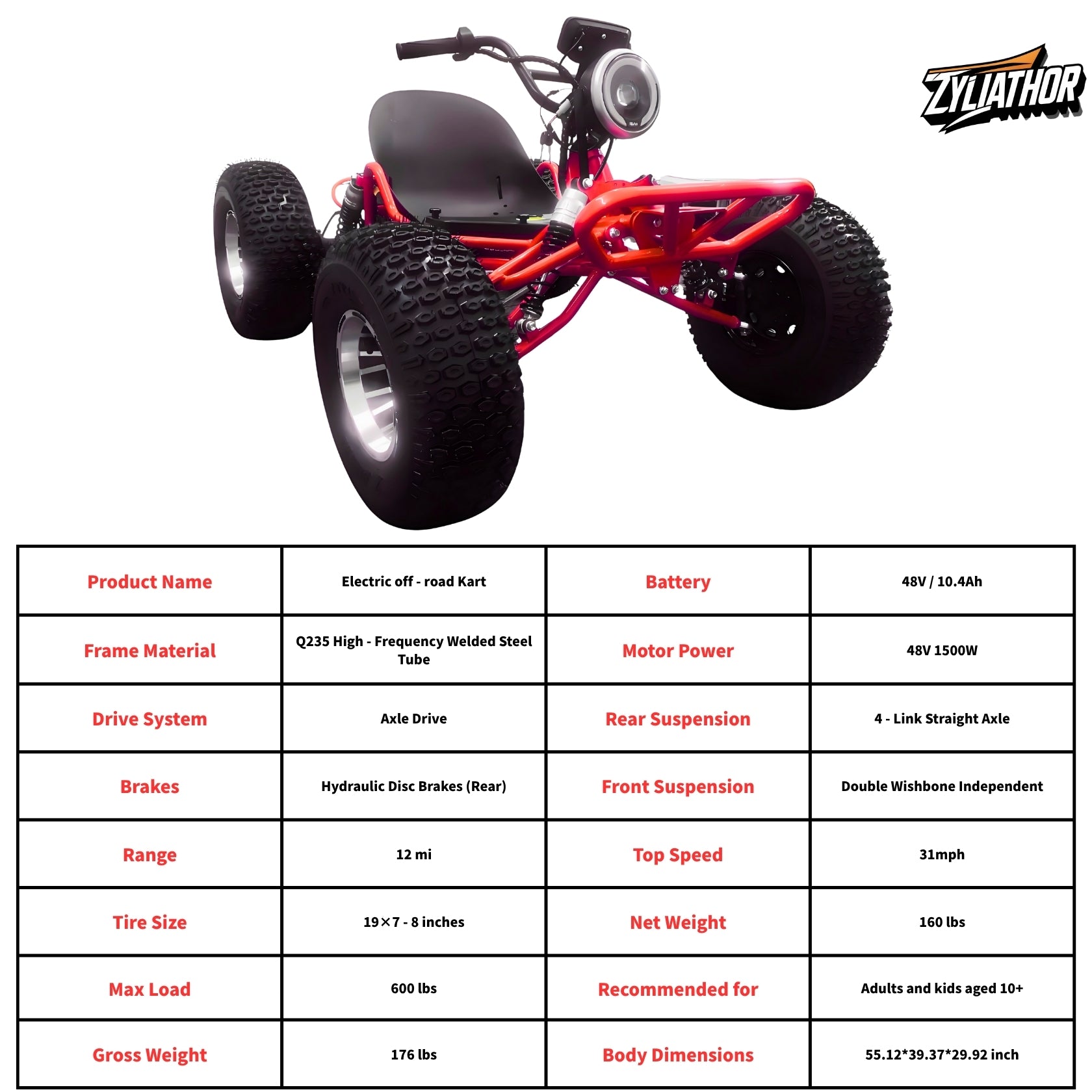 Zyliathor electric go kart 48V 1500W off-road  with 8-inch tires, hydraulic disc brake and adjustable seat for adults and teens