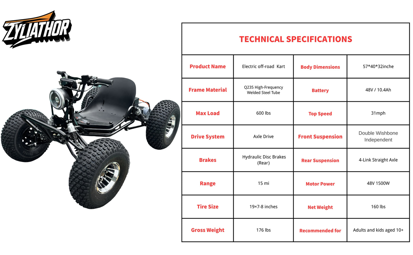 Zyliathor Electric go-kart, shaft drive, 48v 1500W high power motor, all-terrain off-road, 8" aluminium wheels