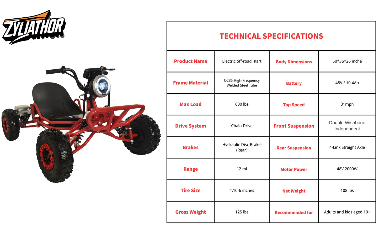 Zyliathor Electric go-Kart, 2WD, 48v2000W Motor, All Terrain Off-Road, 6" Tyres