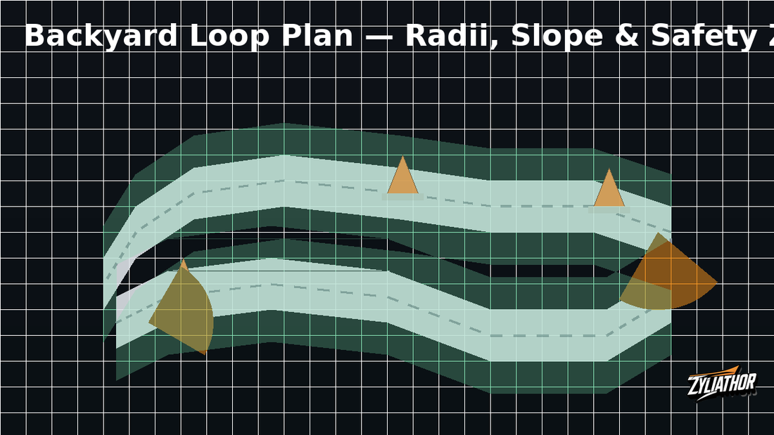 Backyard go-kart trail layout with corner radius, slope and safety zone markings