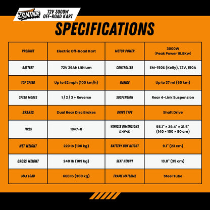 72V 3000W "Mountain Tiger"（Peak 10.8kW)Electric Off-Road Go Kart, 26Ah (37mi), 62mph, 6″/8″ AT Tires, Shaft Drive, 3-Speed+Reverse