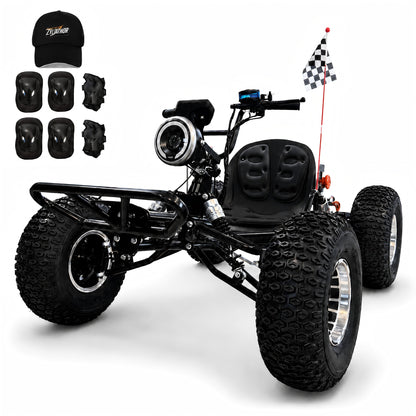 ZYLIATHOR F-E72108 72V 3000W electric off-road go kart in black with off-road tires, front three-quarter view.