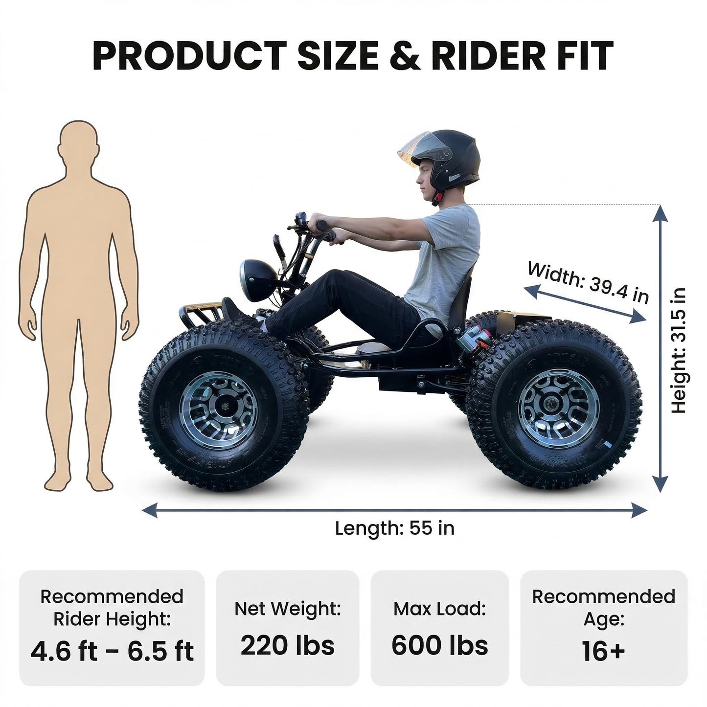 72V 3000W "Mountain Tiger"（Peak 10.8kW)Electric Off-Road Go Kart, 26Ah (37mi), 62mph, 6″/8″ AT Tires, Shaft Drive, 3-Speed+Reverse