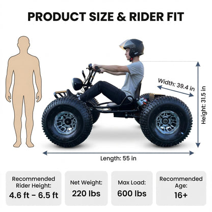 72V 3000W "Mountain Tiger"（Peak 10.8kW)Electric Off-Road Go Kart, 26Ah (37mi), 62mph, 6″/8″ AT Tires, Shaft Drive, 3-Speed+Reverse