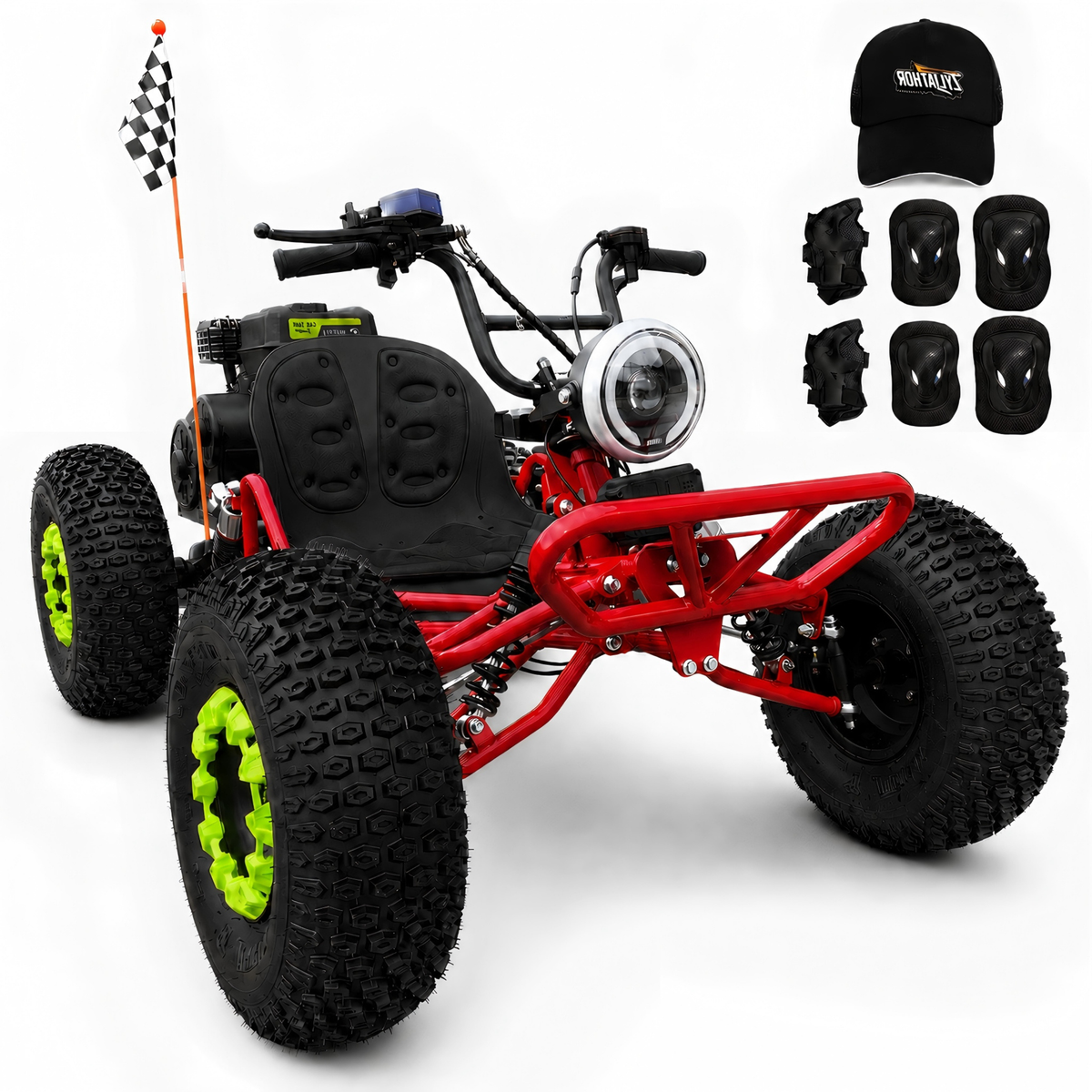 ZYLIATHOR E-G212 Pro 212cc gas off-road go kart in red with AT19x7-8 off-road tires and steel frame.Red
