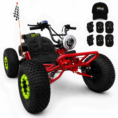 ZYLIATHOR E-G212 Pro 212cc gas off-road go kart in red with AT19x7-8 off-road tires and steel frame.Red