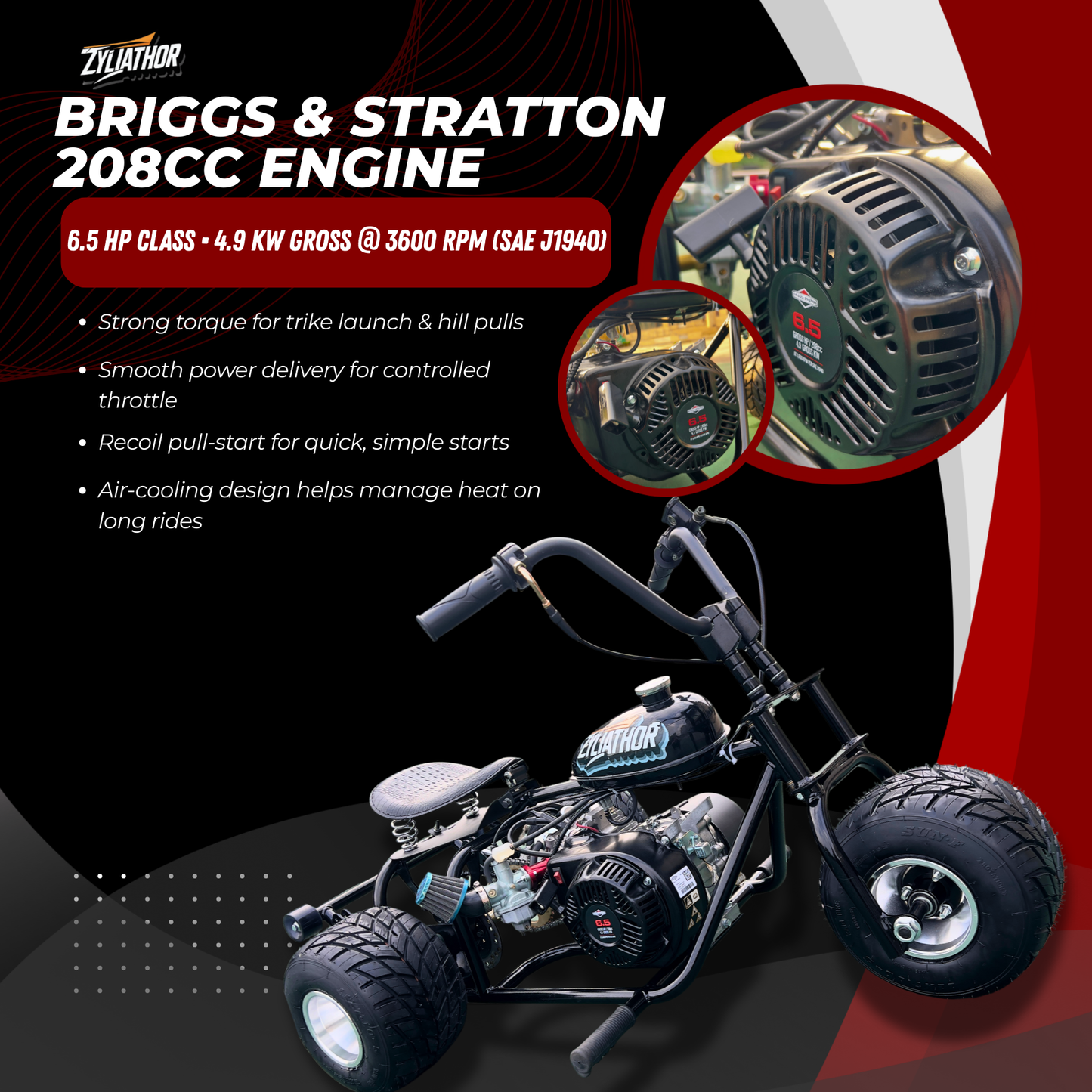 208cc Gas Mini Off-Road Trike Motorcycle CVT, 31MPH Drift Trike Bike, Rear Hydraulic Disc Brake, High-Carbon Steel Frame, Stabilizer Wheels, Muffler, Private Property Only