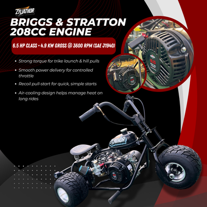 208cc Gas Mini Off-Road Trike Motorcycle CVT, 31MPH Drift Trike Bike, Rear Hydraulic Disc Brake, High-Carbon Steel Frame, Stabilizer Wheels, Muffler, Private Property Only