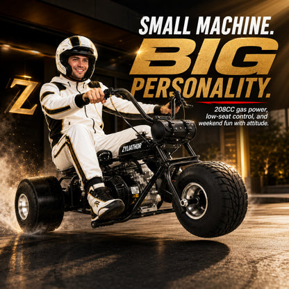 208cc Gas Mini Off-Road Trike Motorcycle CVT, 31MPH Drift Trike Bike, Rear Hydraulic Disc Brake, High-Carbon Steel Frame, Stabilizer Wheels, Muffler, Private Property Only