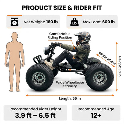 Adults & Kids Electric Off-Road Go Kart, 12-Mile Range, Brushless Peak 4000W, 31MPH, 3 Speed + Reverse, Shaft Drive Diff, AT19x7-8 Tires, Backyard/Private Trails, Beach/Sand