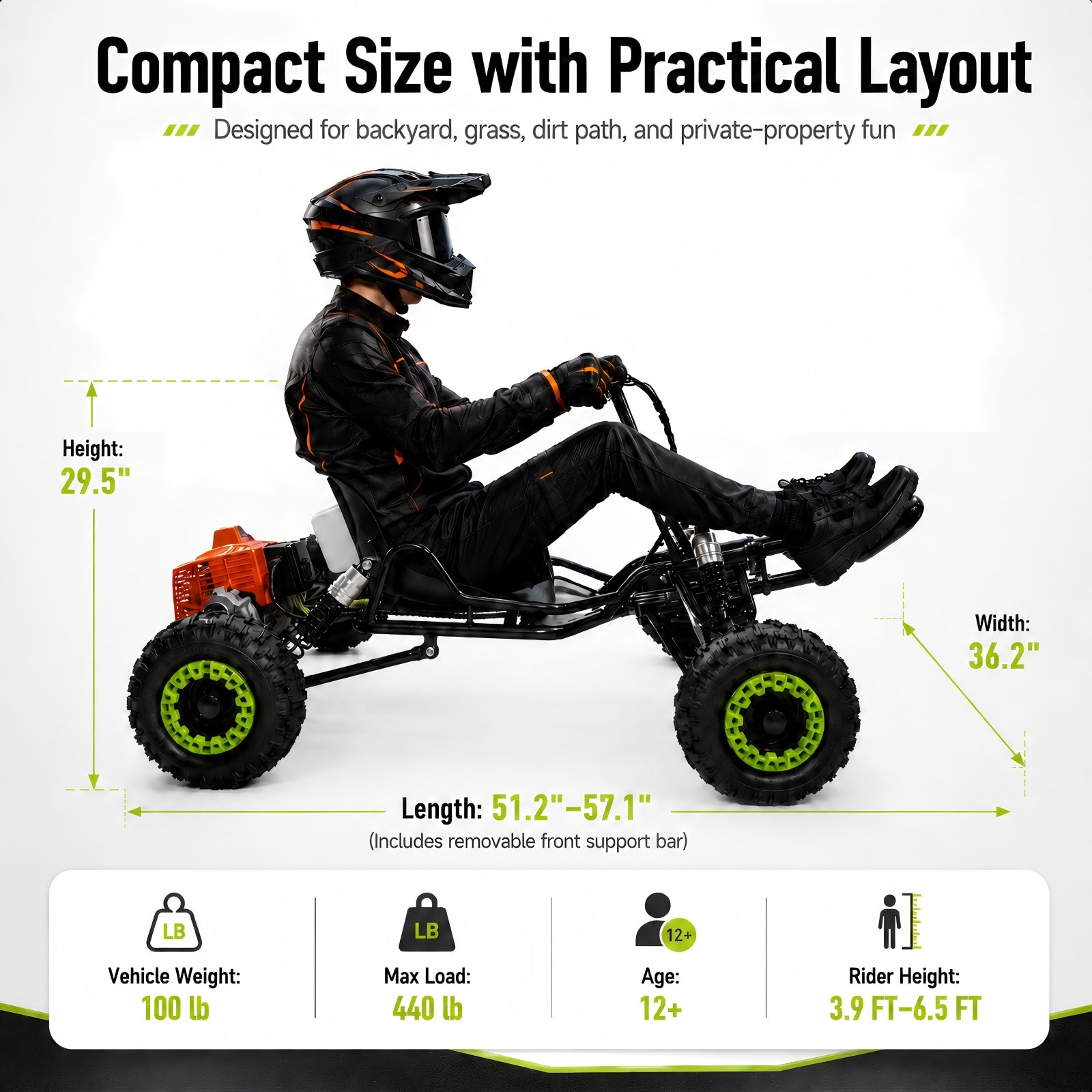 Gas Go Kart, 63.3cc Up to 28MPH, Pull Start，6