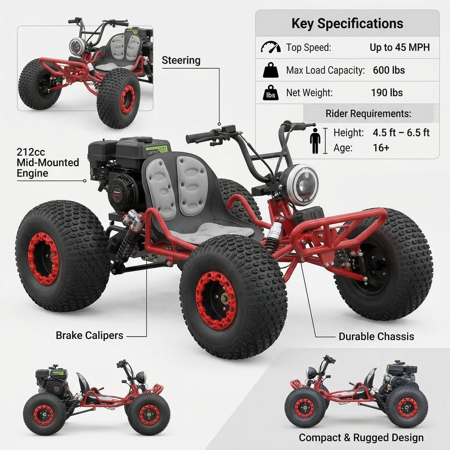 4-stroke 212cc Upgrade Off-Road Go Kart,8" All-Terrain Tires,Electric start, forward + reverse gears