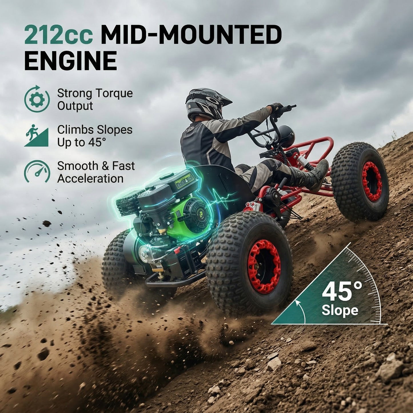4-stroke 212cc Upgrade Off-Road Go Kart,8" All-Terrain Tires,Electric start, forward + reverse gears