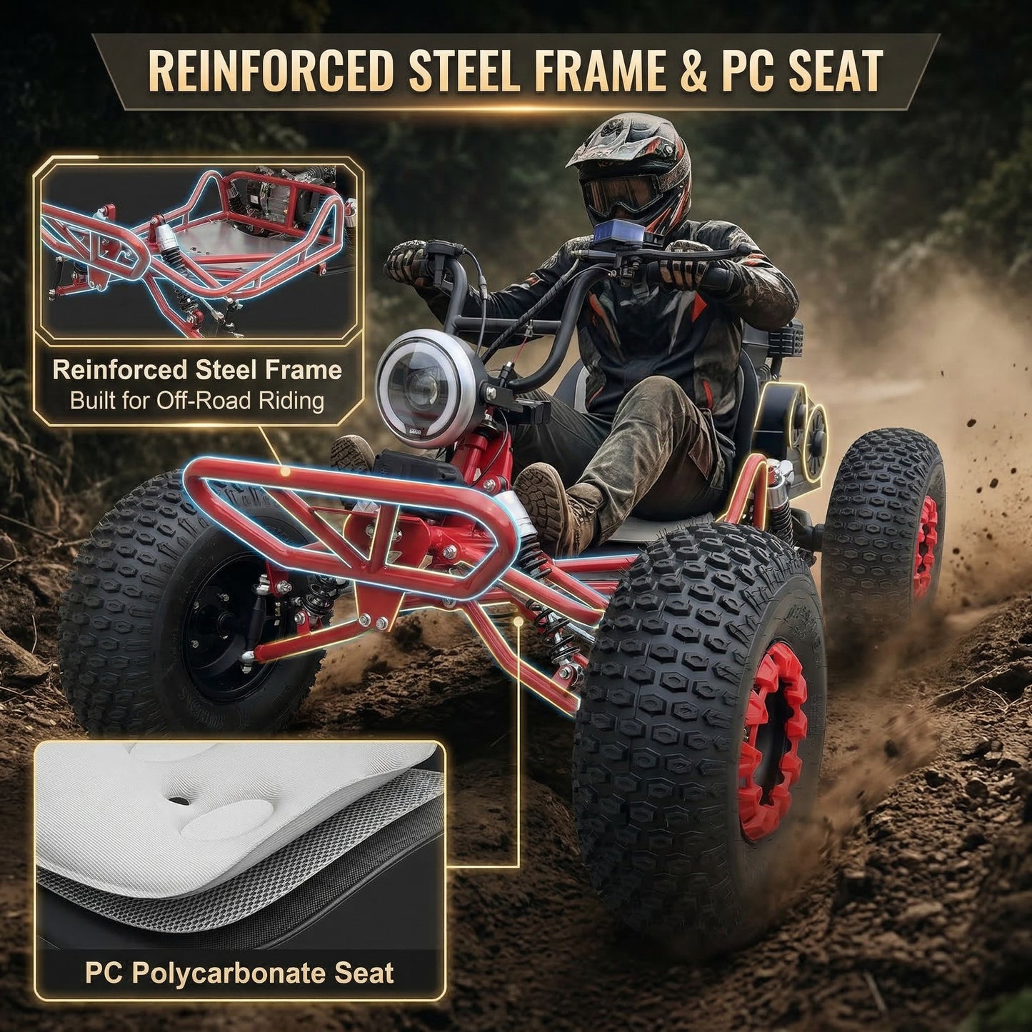 4-stroke 212cc Upgrade Off-Road Go Kart,8" All-Terrain Tires,Electric start, forward + reverse gears