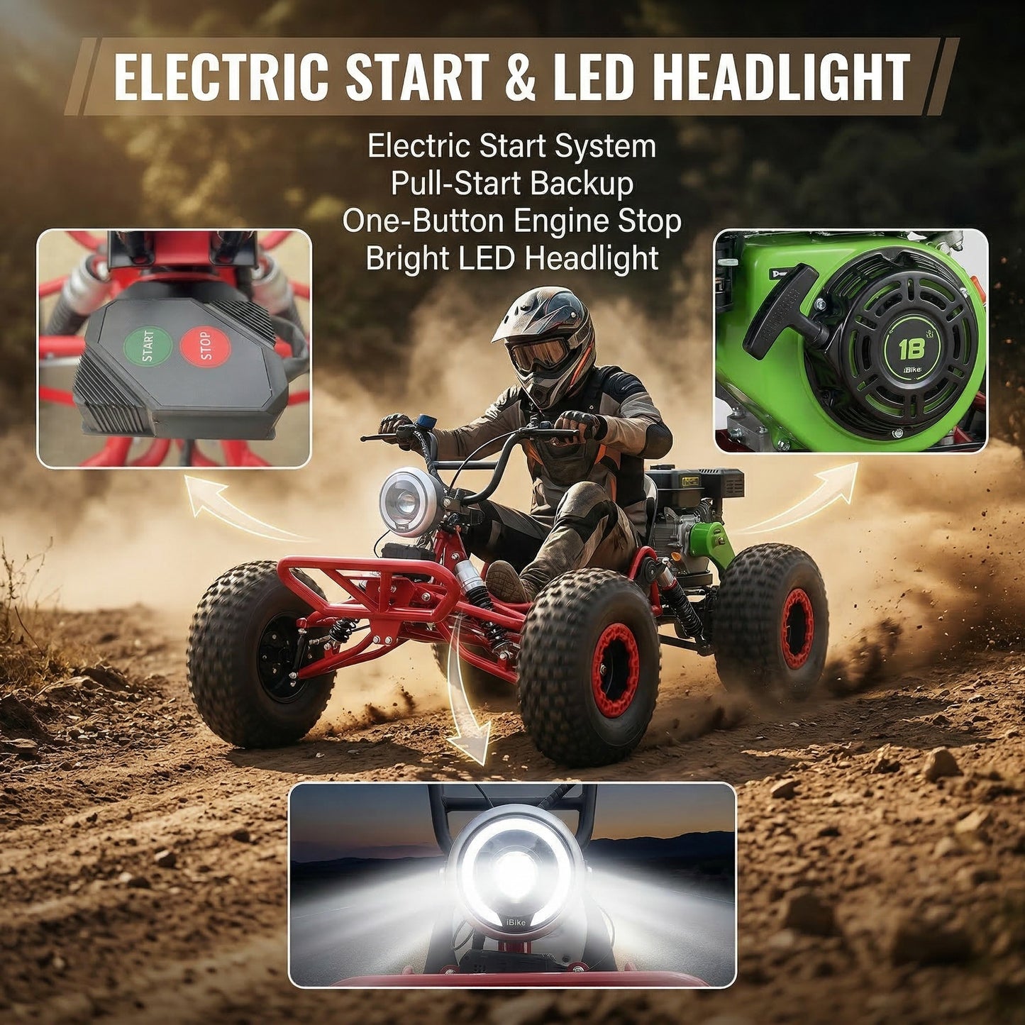 4-stroke 212cc Upgrade Off-Road Go Kart,8" All-Terrain Tires,Electric start, forward + reverse gears