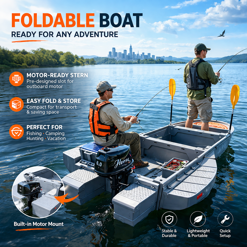 12.7 FT Modular Fishing Boat, PE Hard Hull Pontoon, 1200 lb Capacity, Up to 25HP Motor Ready, Portable Fishing Boat with Fish Box and Storage, Gray