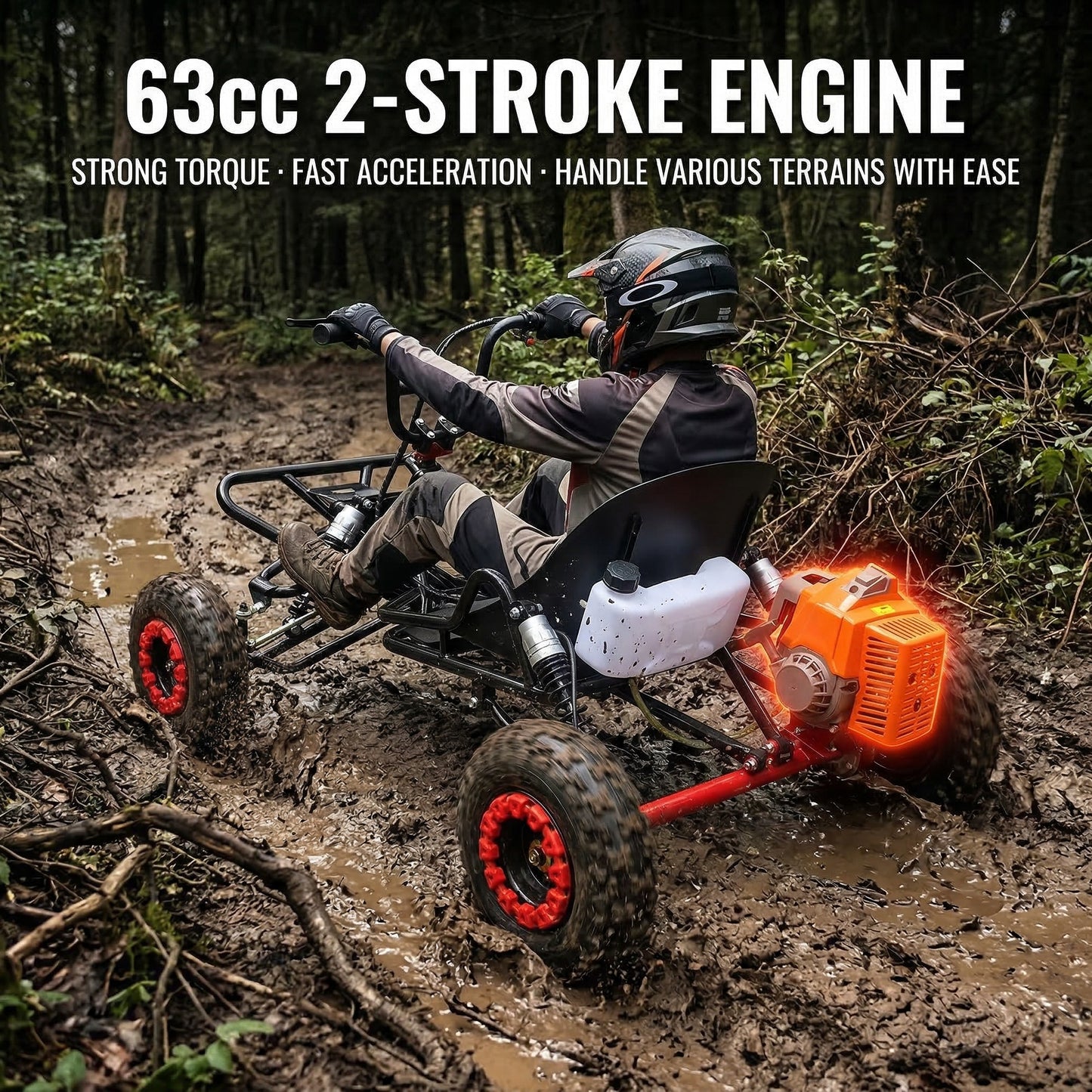 Adult & Kids Gas Go Kart, Up to 28MPH, Pull Start + Kill Switch, Hydraulic Disc Brake, 4-Wheel Independent Suspension, 6" All-Terrain Tires, Off-Road Kart for Backyard & Private Property Trails