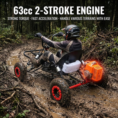 Adult & Kids Gas Go Kart, Up to 28MPH, Pull Start + Kill Switch, Hydraulic Disc Brake, 4-Wheel Independent Suspension, 6" All-Terrain Tires, Off-Road Kart for Backyard & Private Property Trails