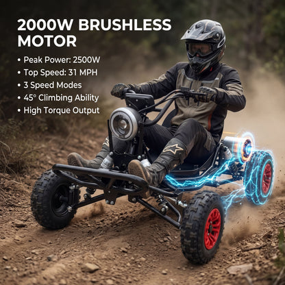 Adult & Kids Electric Go Kart,2000W Brushless,31MPH,Up to 12 miles, 3 Speed + Reverse, Hydraulic Disc Brake, 6" All-Terrain Tires, 440 lb, Off-Road Kart for Backyard & Private Property Trails (Black)