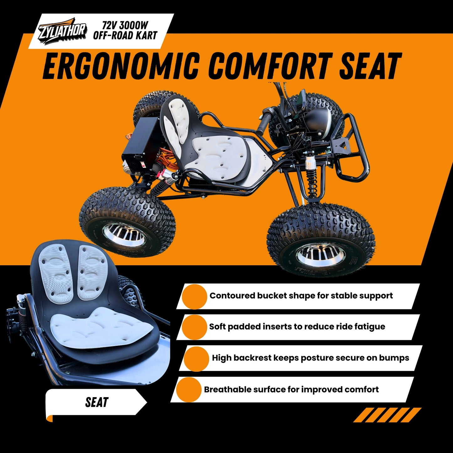 72V 3000W "Mountain Tiger"（Peak 10.8kW)Electric Off-Road Go Kart, 26Ah (37mi), 62mph, 6″/8″ AT Tires, Shaft Drive, 3-Speed+Reverse