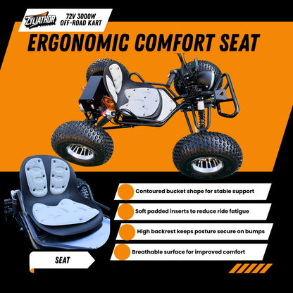 72V 3000W "Mountain Tiger"（Peak 10.8kW)Electric Off-Road Go Kart, 26Ah (37mi), 62mph, 6″/8″ AT Tires, Shaft Drive, 3-Speed+Reverse