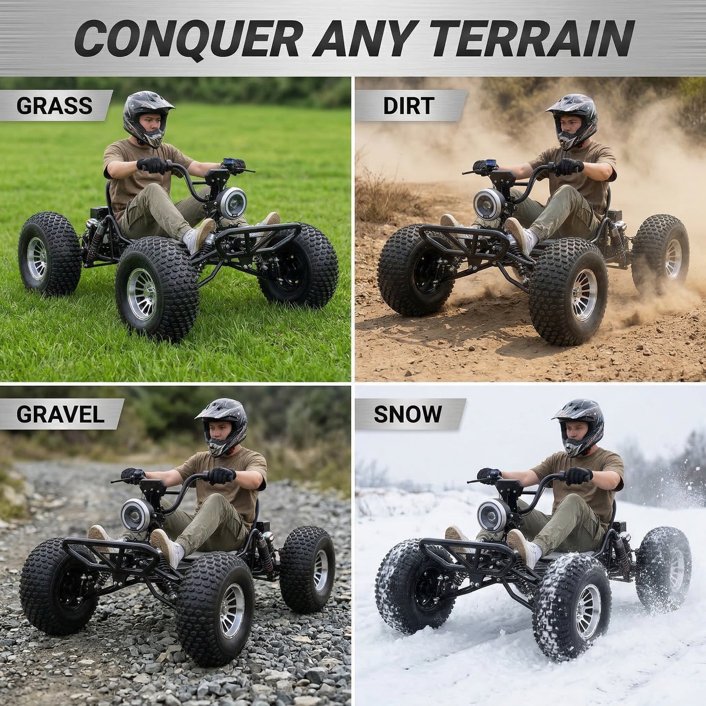 72V 3000W "Mountain Tiger"（Peak 10.8kW)Electric Off-Road Go Kart, 26Ah (37mi), 62mph, 6″/8″ AT Tires, Shaft Drive, 3-Speed+Reverse