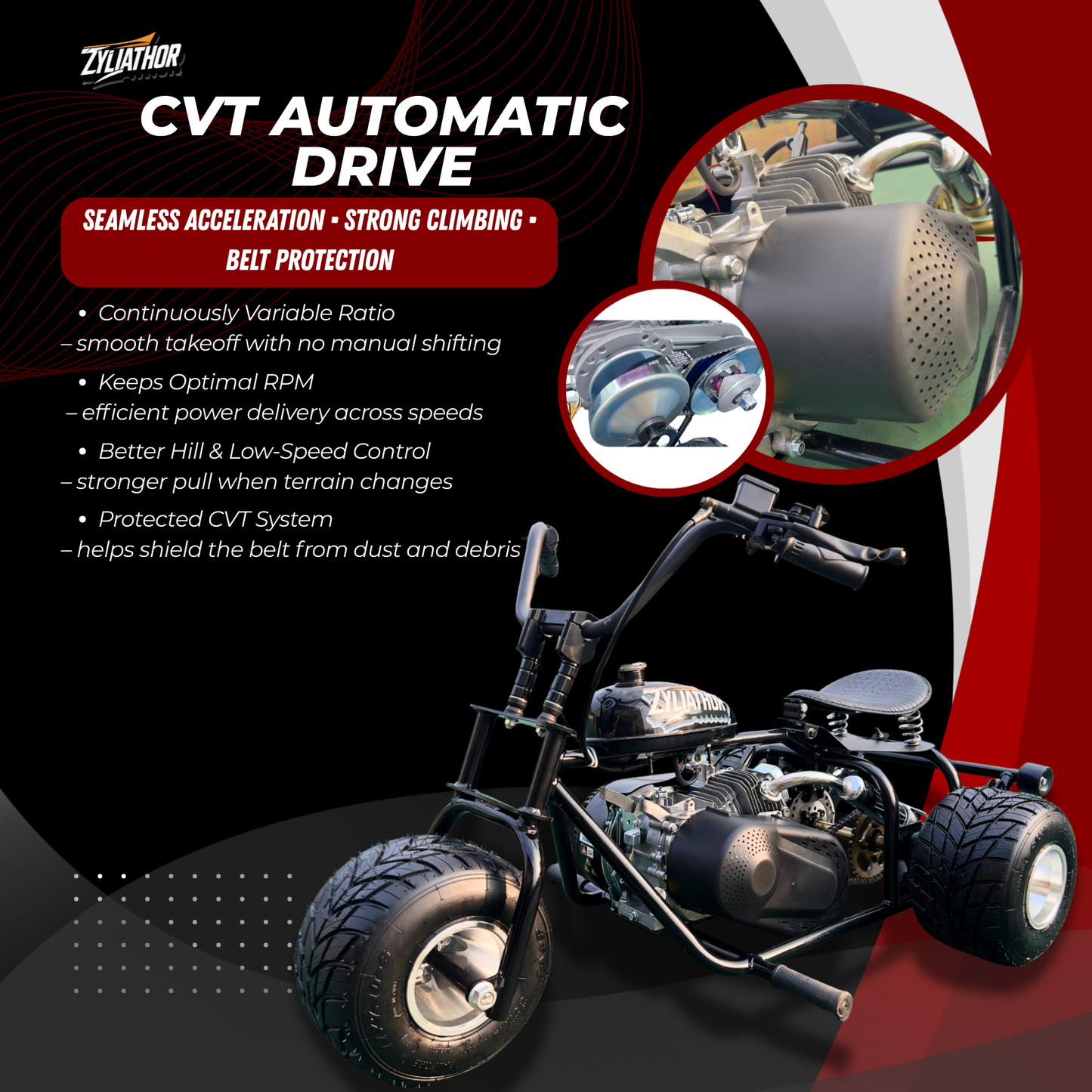 208cc Gas Mini Off-Road Trike Motorcycle CVT, 31MPH Drift Trike Bike, Rear Hydraulic Disc Brake, High-Carbon Steel Frame, Stabilizer Wheels, Muffler, Private Property Only