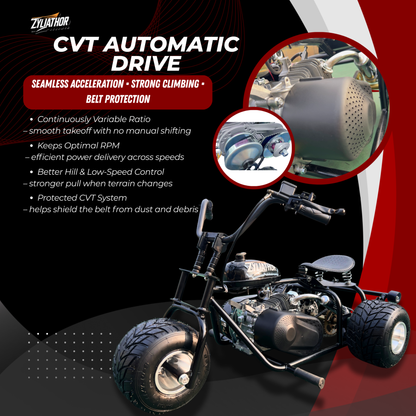 208cc Gas Mini Off-Road Trike Motorcycle CVT, 31MPH Drift Trike Bike, Rear Hydraulic Disc Brake, High-Carbon Steel Frame, Stabilizer Wheels, Muffler, Private Property Only