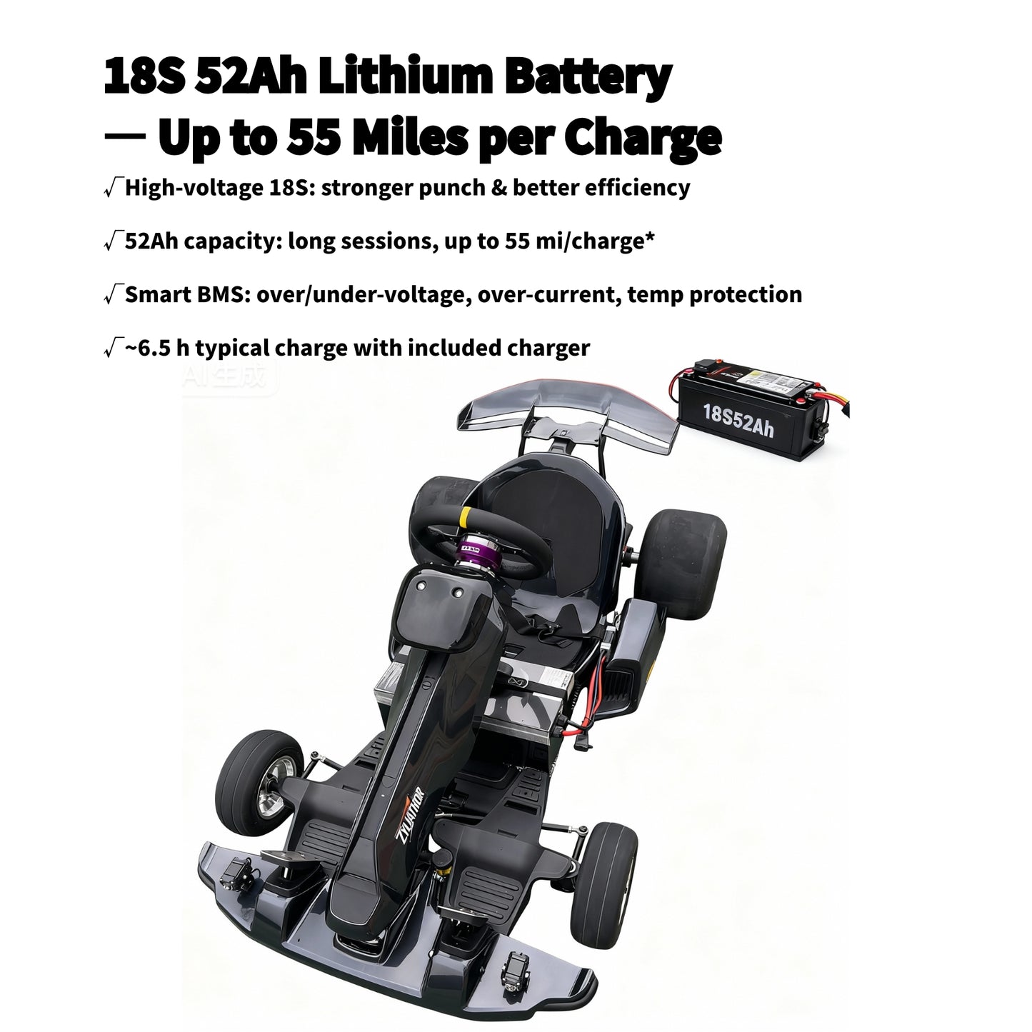 Zyliathor 3000W Mid-Mount Electric Racing Go-Kart, Peak 28kW, 18S 52Ah Battery, 72530 Controller,74.6 mph, Adjustable Chassis, 12" Quick-Release Wheel, Hydraulic Brakes, LED Display & Lights