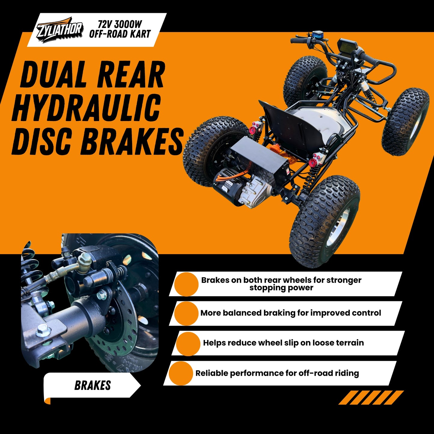 72V 3000W "Mountain Tiger"（Peak 10.8kW)Electric Off-Road Go Kart, 26Ah (37mi), 62mph, 6″/8″ AT Tires, Shaft Drive, 3-Speed+Reverse