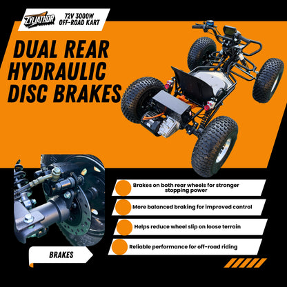 72V 3000W "Mountain Tiger"（Peak 10.8kW)Electric Off-Road Go Kart, 26Ah (37mi), 62mph, 6″/8″ AT Tires, Shaft Drive, 3-Speed+Reverse