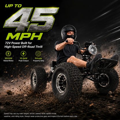 72V 3000W Electric Off-Road Go Kart for Adults & Teens, Peak 10.8kW, Up to 45 MPH, 37-Mile Range