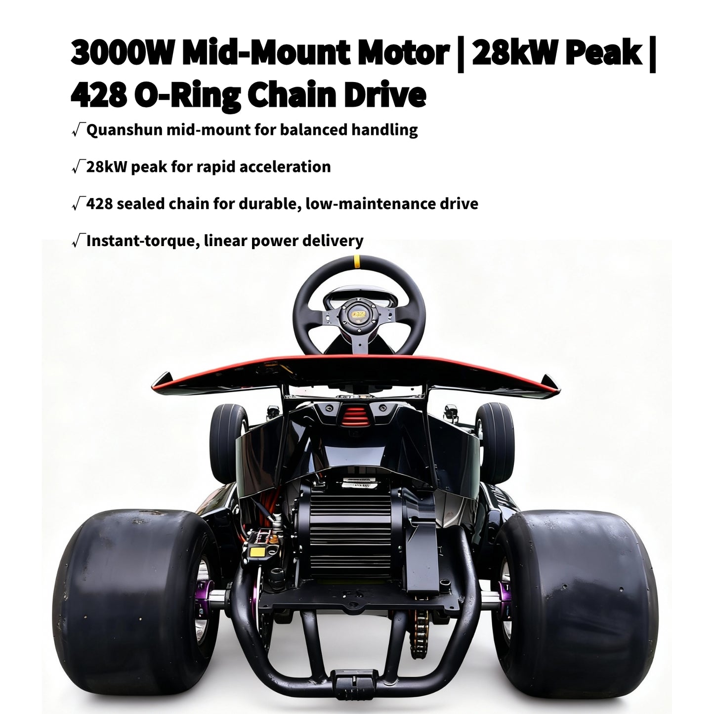 Zyliathor 3000W Mid-Mount Electric Racing Go-Kart, Peak 28kW, 18S 52Ah Battery, 72530 Controller,74.6 mph, Adjustable Chassis, 12" Quick-Release Wheel, Hydraulic Brakes, LED Display & Lights
