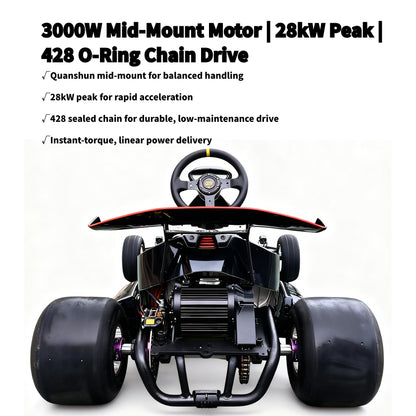 Zyliathor 3000W Mid-Mount Electric Racing Go-Kart, Peak 28kW, 18S 52Ah Battery, 72530 Controller,74.6 mph, Adjustable Chassis, 12" Quick-Release Wheel, Hydraulic Brakes, LED Display & Lights