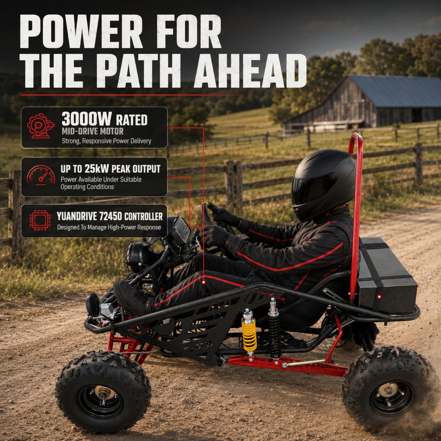 72V 3000W Off-Road Go Kart, 52Ah Shaft Drive Diff, 8 Shocks, 50 MPH, 40-Mile Range