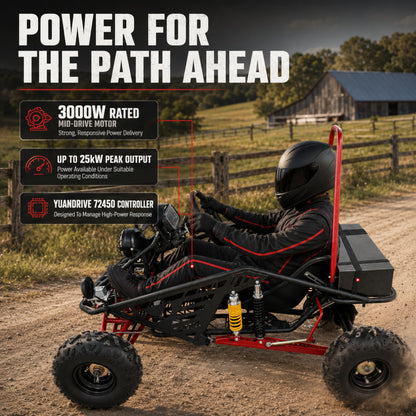 72V 3000W Off-Road Go Kart, 52Ah Shaft Drive Diff, 8 Shocks, 50 MPH, 40-Mile Range