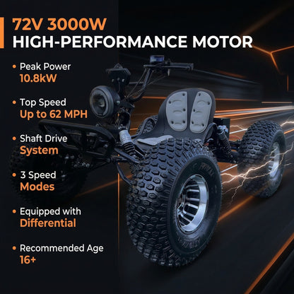 72V 3000W "Mountain Tiger"（Peak 10.8kW)Electric Off-Road Go Kart, 26Ah (37mi), 62mph, 6″/8″ AT Tires, Shaft Drive, 3-Speed+Reverse