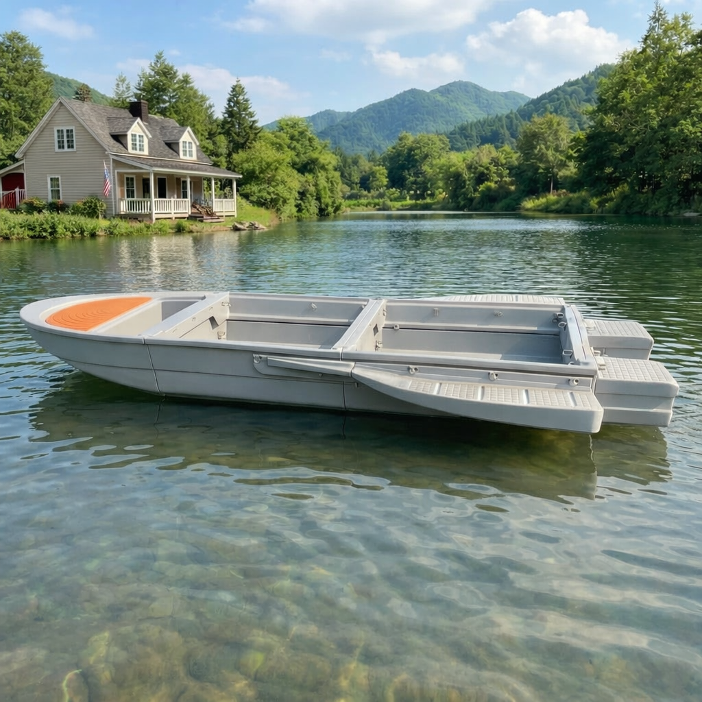 12.7 FT Modular Fishing Boat, PE Hard Hull Pontoon, 1200 lb Capacity, Up to 25HP Motor Ready, Portable Fishing Boat with Fish Box and Storage, Gray