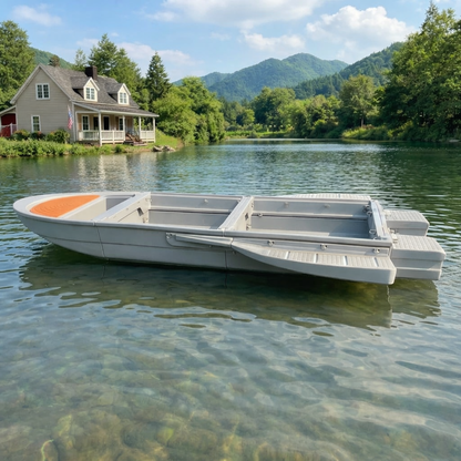 12.7 FT Modular Fishing Boat, PE Hard Hull Pontoon, 1200 lb Capacity, Up to 25HP Motor Ready, Portable Fishing Boat with Fish Box and Storage, Gray