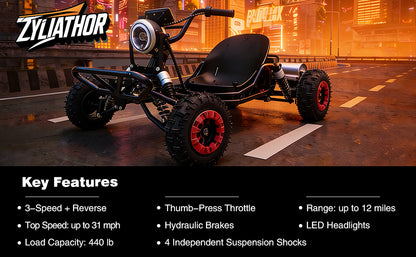 Adult & Kids Electric Go Kart,2000W Brushless,31MPH,Up to 12 miles, 3 Speed + Reverse, Hydraulic Disc Brake, 6" All-Terrain Tires, 440 lb, Off-Road Kart for Backyard & Private Property Trails (Black)