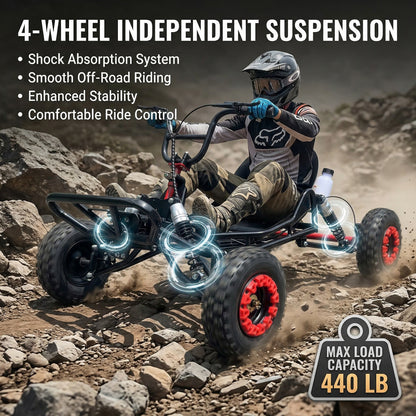 Adult & Kids Gas Go Kart, Up to 28MPH, Pull Start + Kill Switch, Hydraulic Disc Brake, 4-Wheel Independent Suspension, 6" All-Terrain Tires, Off-Road Kart for Backyard & Private Property Trails